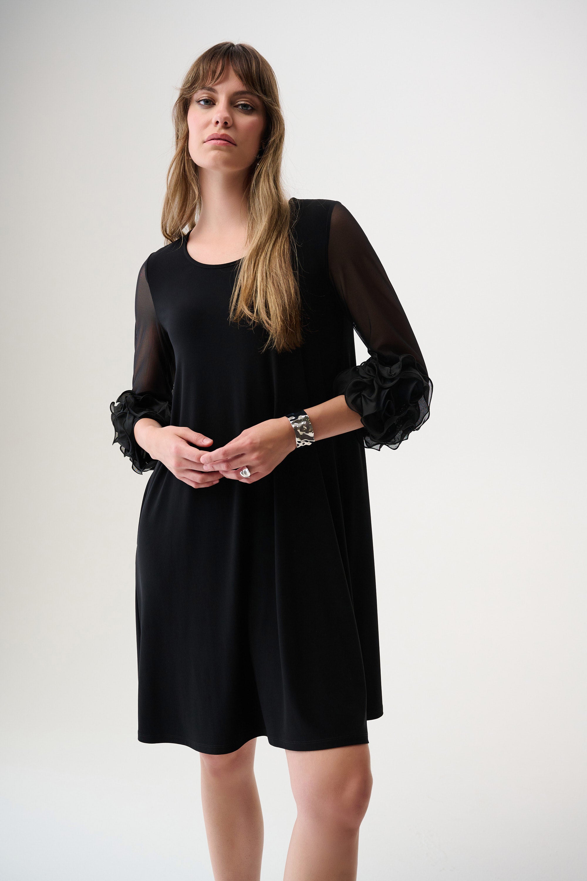 Joseph Ribkoff Silky Knit and Mesh A-Line Dress With Ruffled Trim