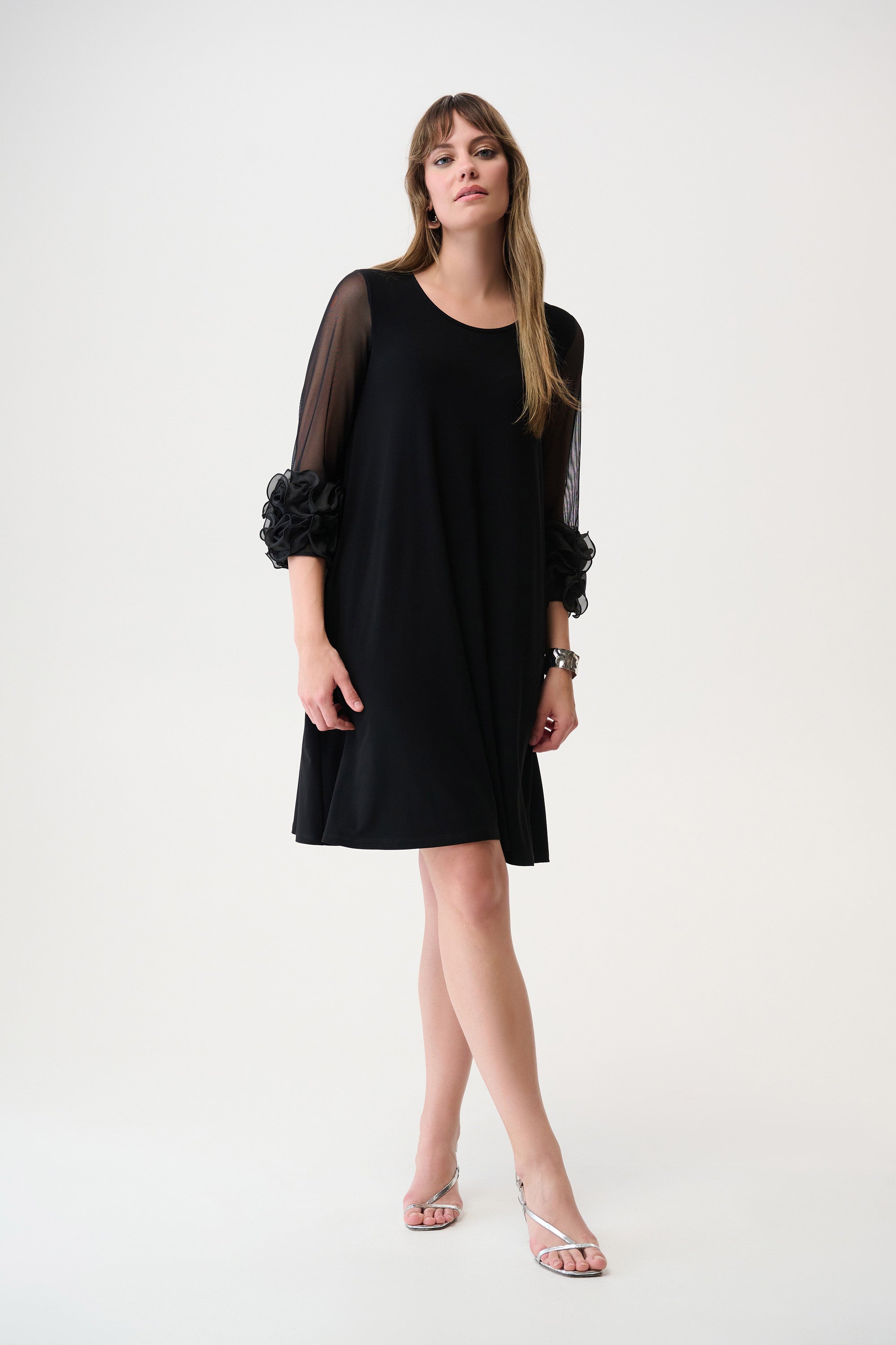 Joseph Ribkoff Silky Knit and Mesh A-Line Dress With Ruffled Trim