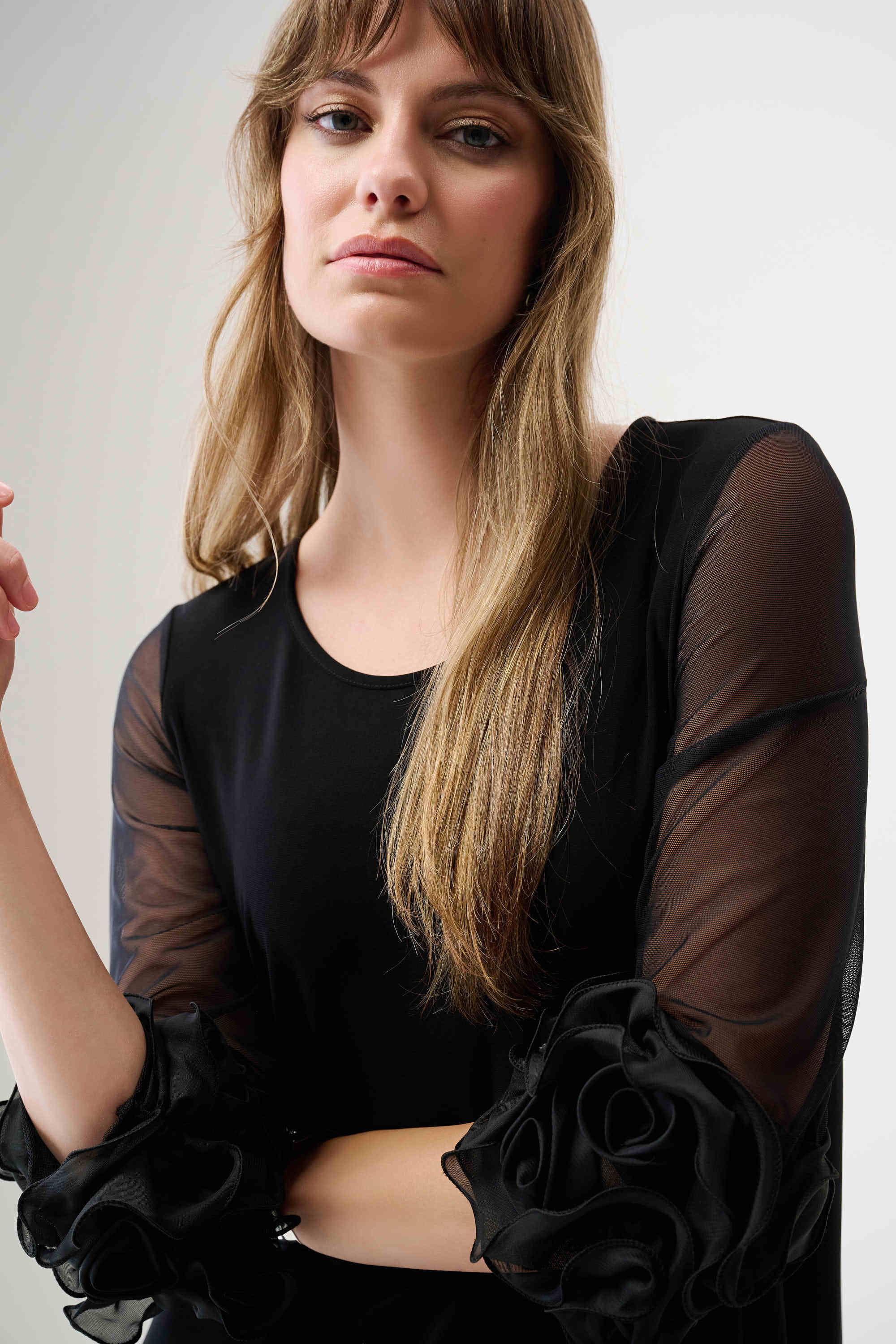 Joseph Ribkoff Silky Knit and Mesh A-Line Dress With Ruffled Trim