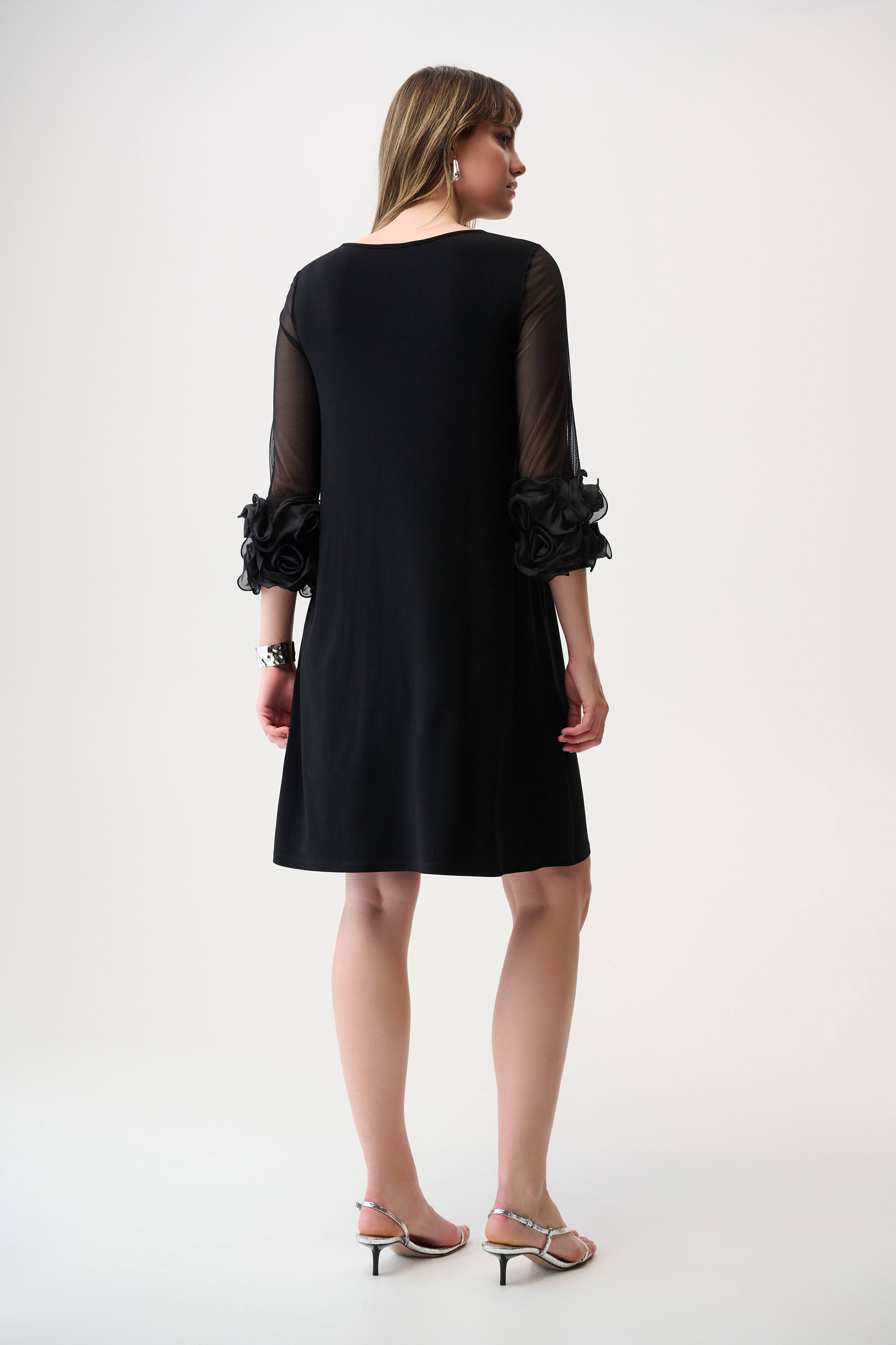 Joseph Ribkoff Silky Knit and Mesh A-Line Dress With Ruffled Trim