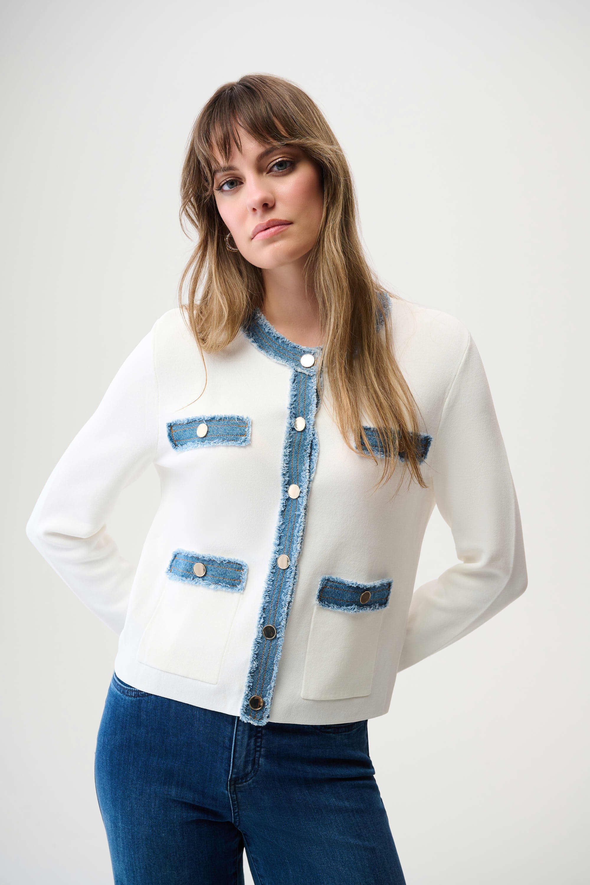 Joseph Ribkoff Viscose Blend Milano Stitch Jacket with Denim Trim