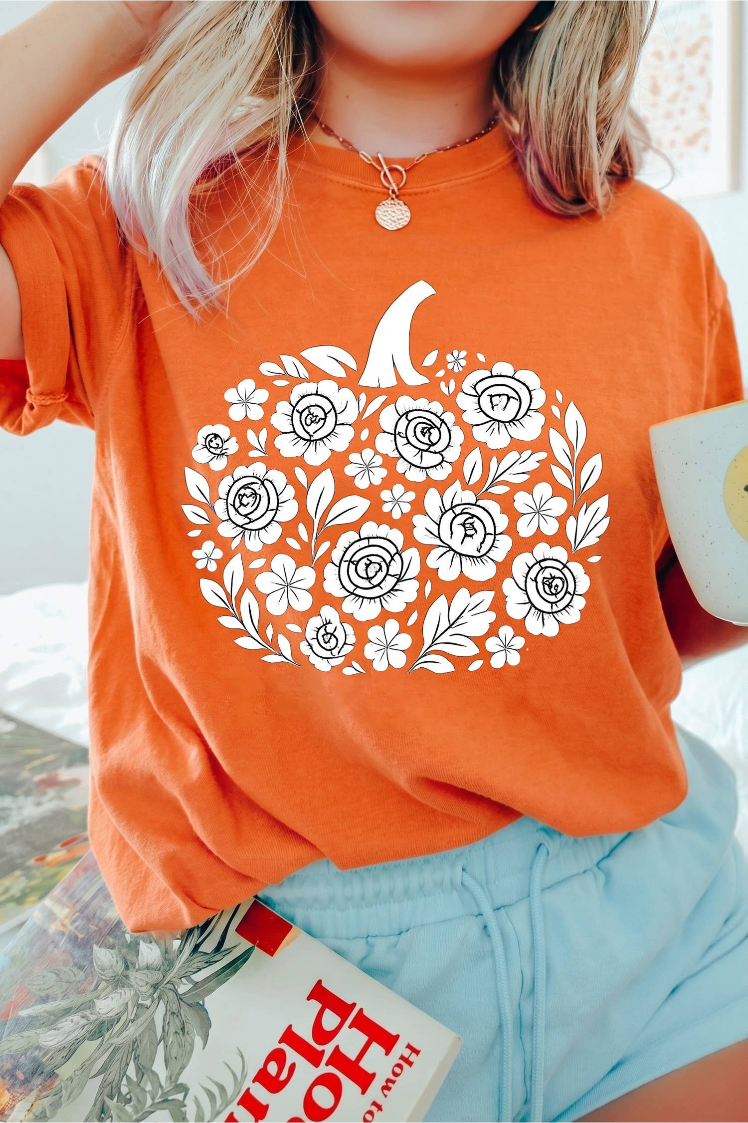 Floral Pumpkin Graphic Cuffed Sleeve Casual T Shirt
