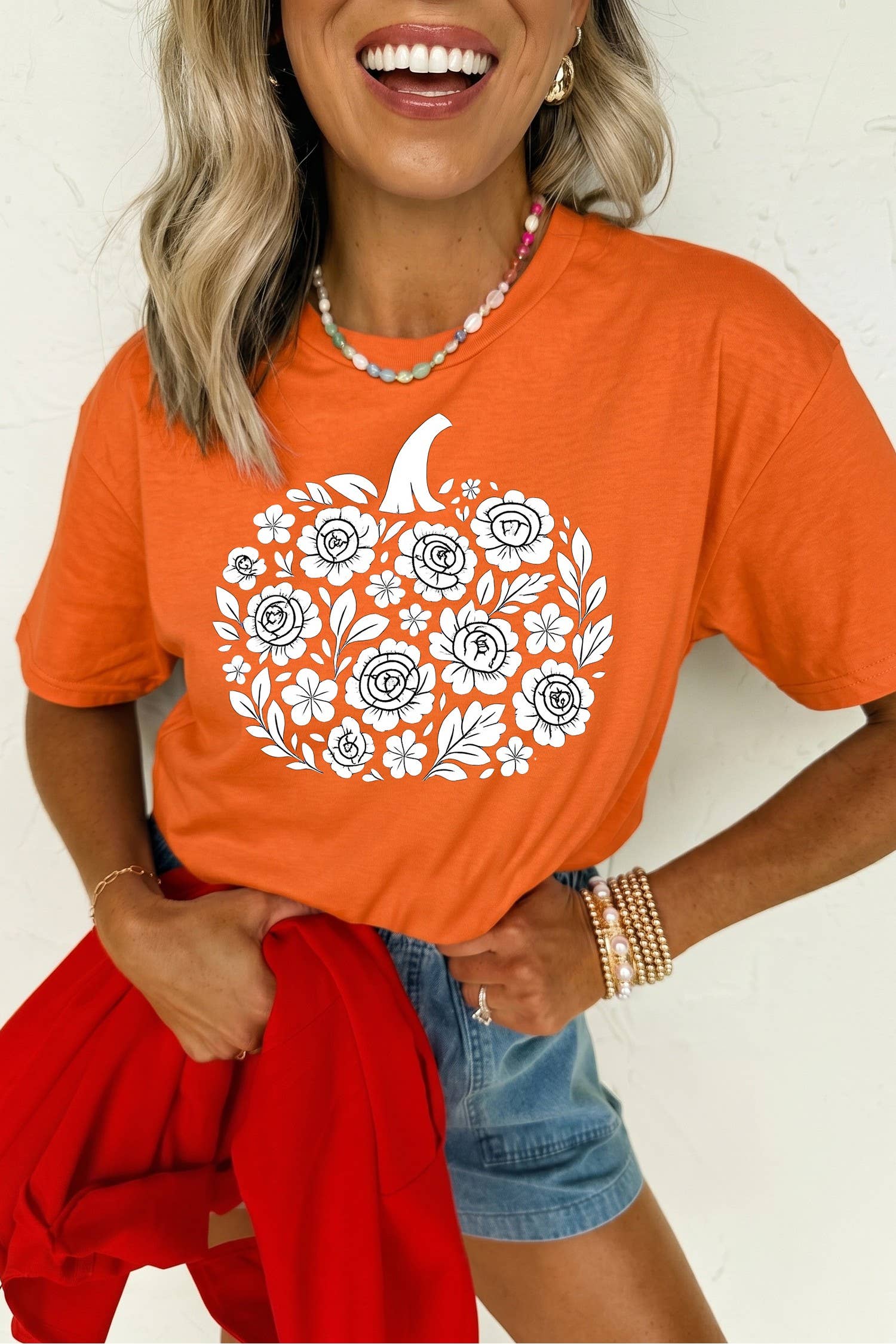 Floral Pumpkin Graphic Cuffed Sleeve Casual T Shirt