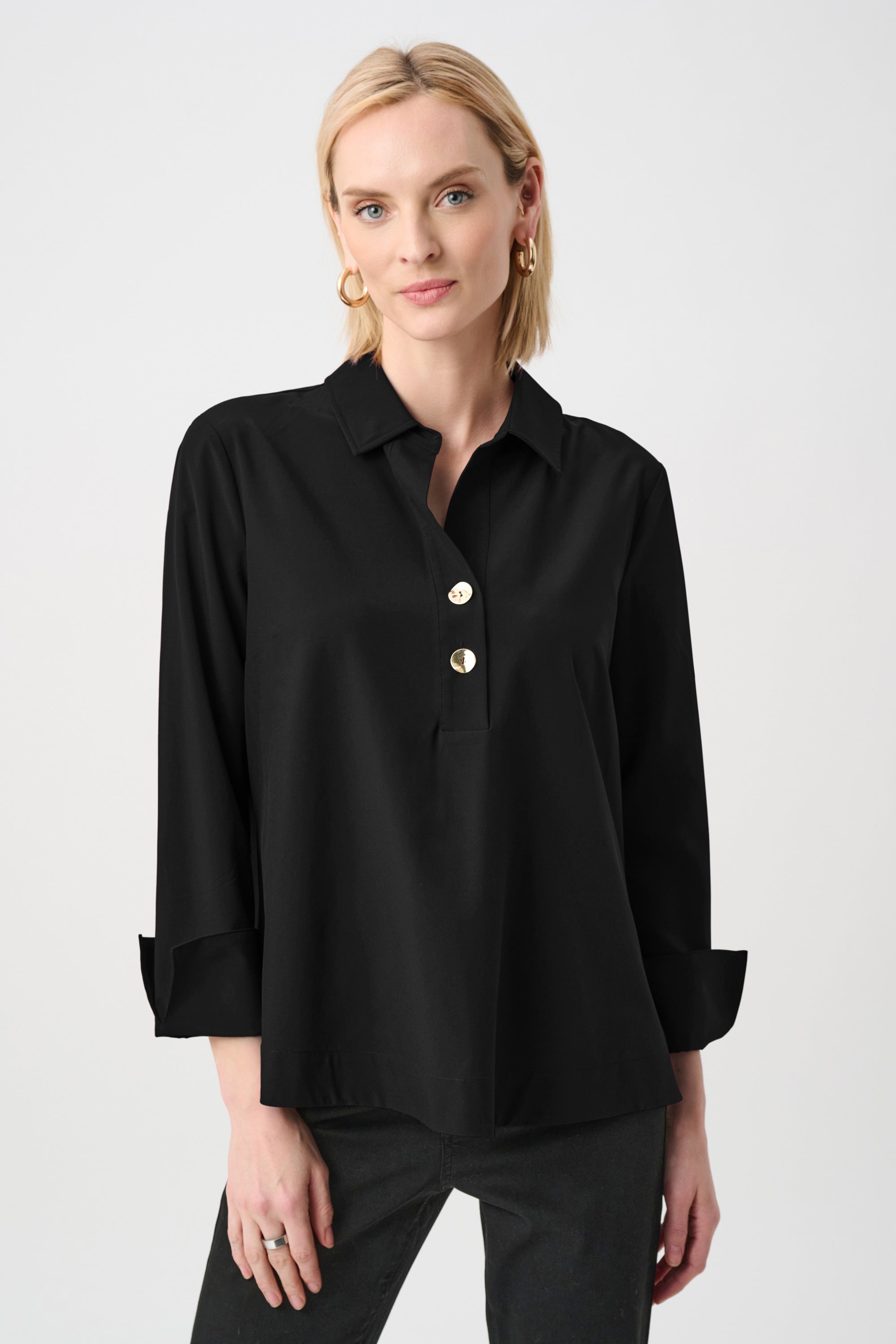 Stretch Poplin Shirt-Collar Boxy Top